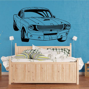 Blue classic Mustang car wall decal with bold outline and front view