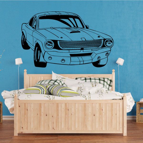Blue classic Mustang car wall decal with bold outline and front view