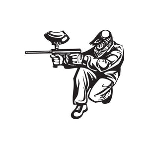 Shooting paintball player decal, black-and-white masked figure holding a paintball gun