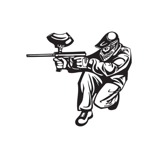 Shooting paintball player decal, black-and-white masked figure holding a paintball gun