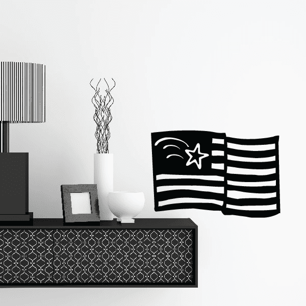 Shooting star American flag decal, black and white with star and wavy stripes