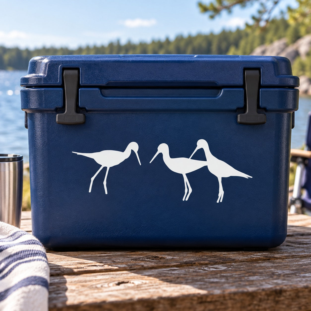 Three white shore birds decal on dark blue cooler