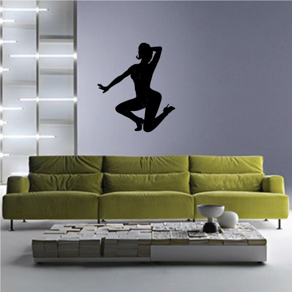 Dancer silhouette wall decal with short hair, black figure in seated pose