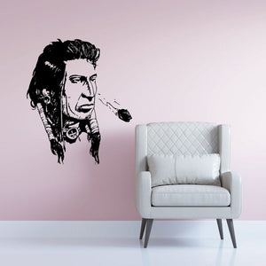 Black portrait head decal of a Native American man with long hair and braid details