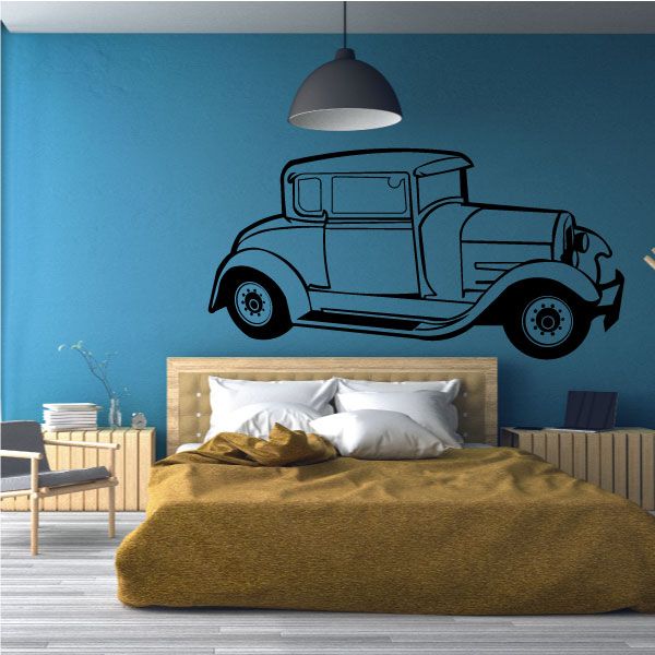 Classic car vinyl decal, black hot rod side profile with wheels and grille