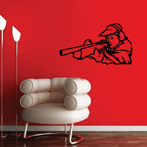 Black shotgun duck hunter wall decal with hunter silhouette holding a rifle