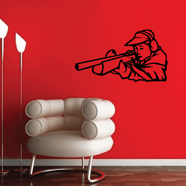 Black shotgun duck hunter wall decal with hunter silhouette holding a rifle