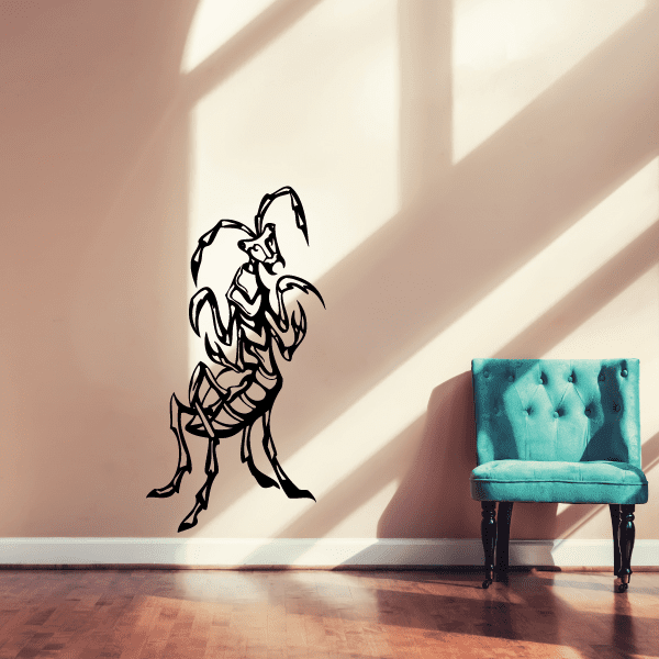 Praying mantis wall decal with black line art of standing mantis