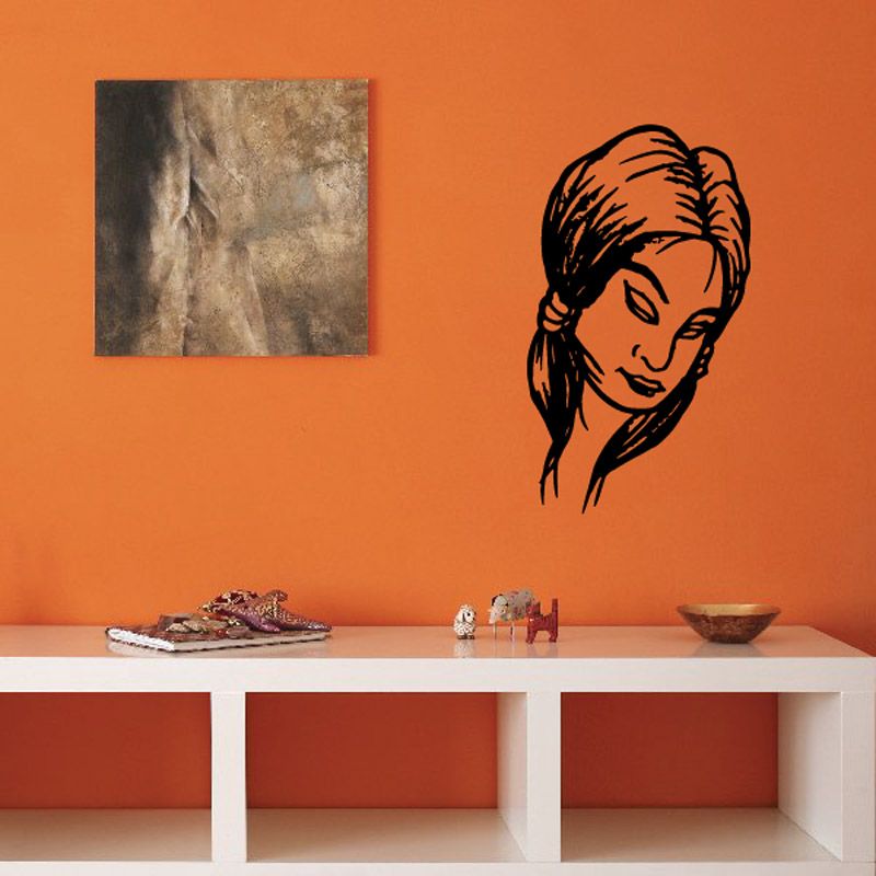 Shy Native American woman decal, black line-art portrait with tied-back hair braid