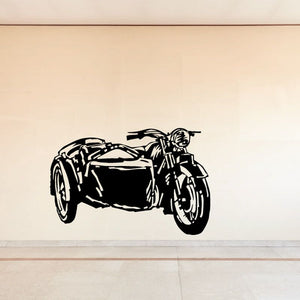 Black line-art motorcycle with sidecar decal