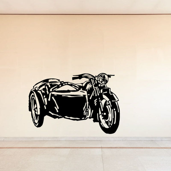 Black line-art motorcycle with sidecar decal