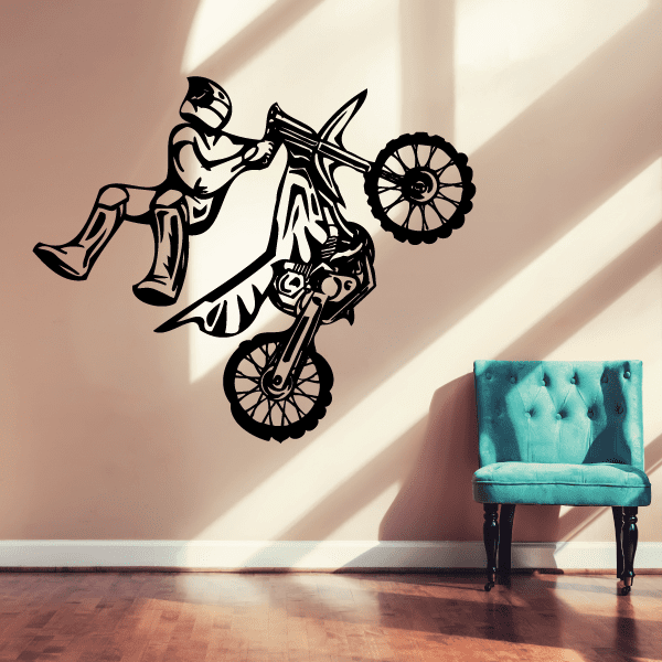 Black dirt bike rider decal with side-mounted motorcycle and knobby tires