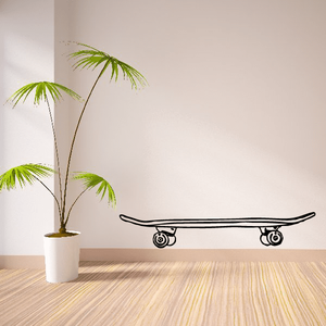 Skateboard decal with black outline and detailed wheels
