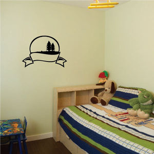 Vinyl wall decal: pine tree in circle with ribbon banner, black outline