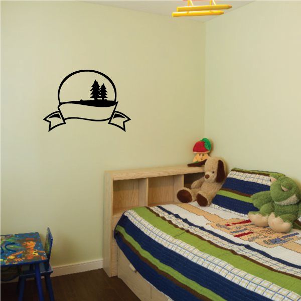Vinyl wall decal: pine tree in circle with ribbon banner, black outline