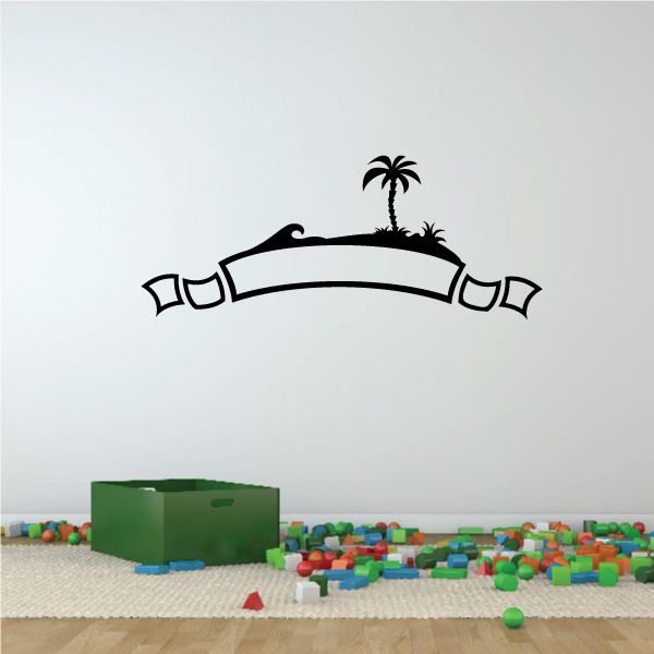 Palm tree arch vinyl wall decal with curved banner and ribbon ends
