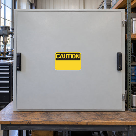 Caution sign sticker with yellow CAUTION text on a white square