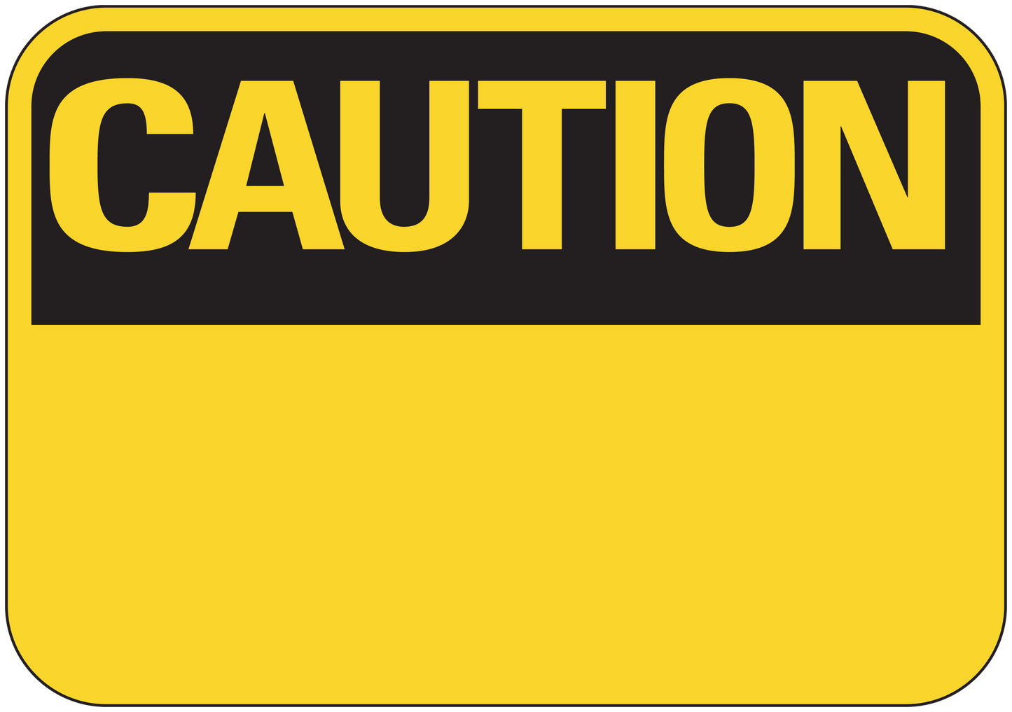 Yellow caution sign sticker with black CAUTION text in a rounded rectangle