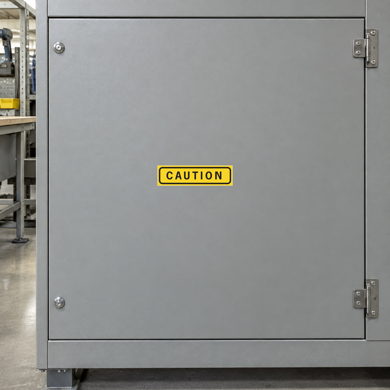 Rectangular caution sticker with yellow border and black CAUTION text