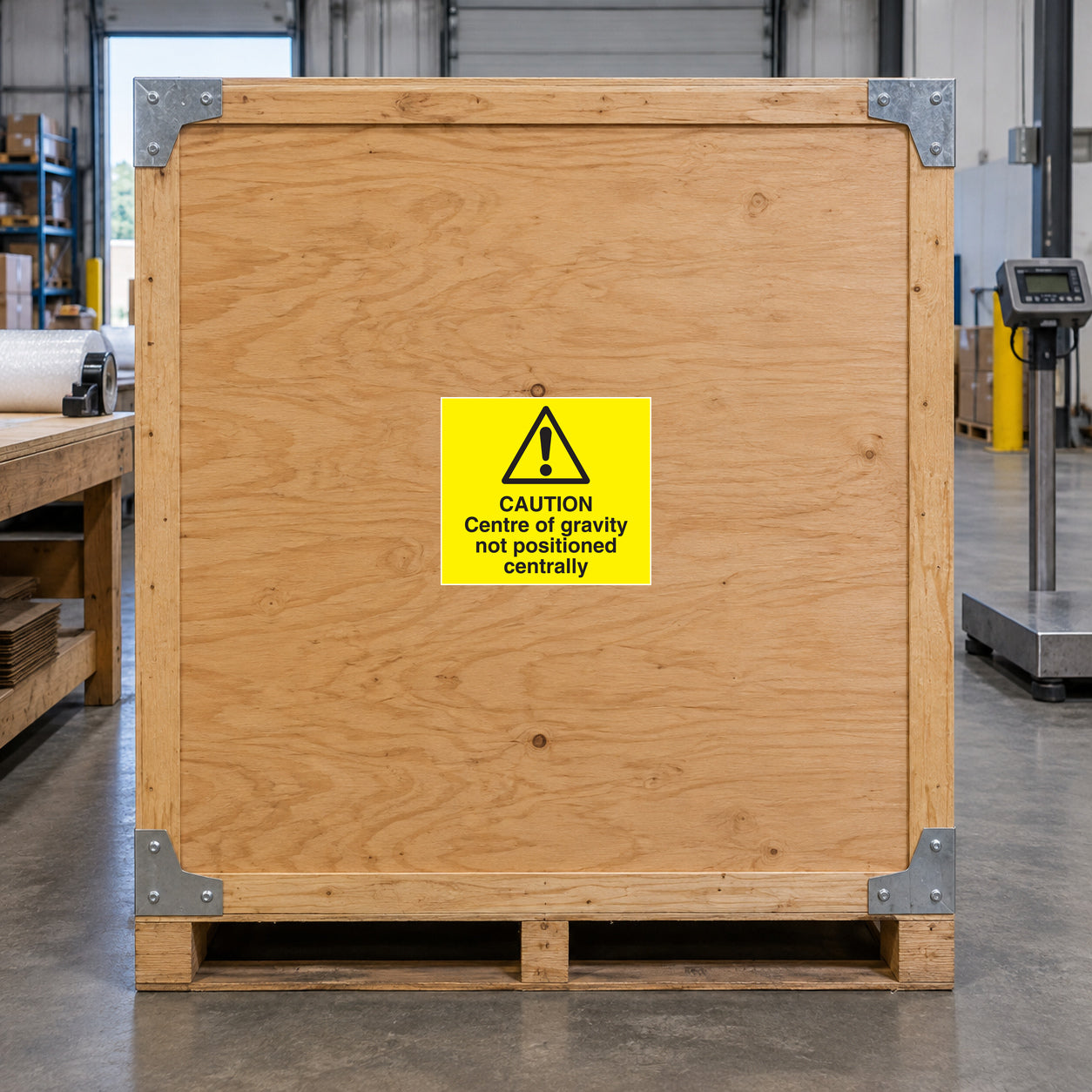 Caution Centre of Gravity sticker on a plywood freight shipping crate