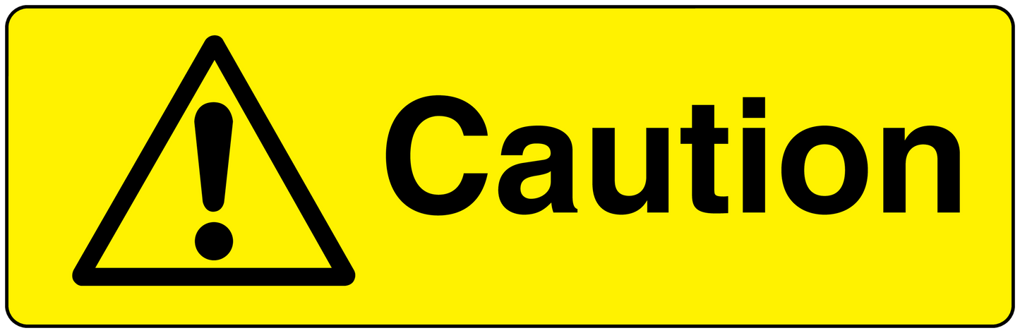 Caution yellow warning sticker with triangle exclamation icon and “Caution” text