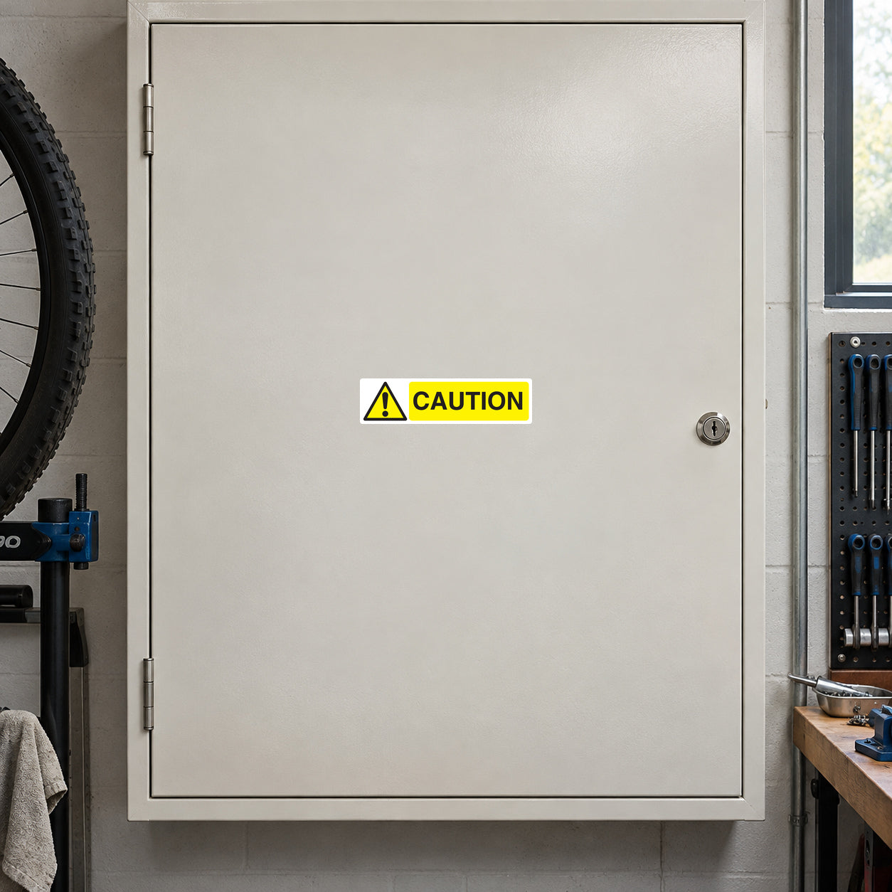 Caution Yellow and White Sticker applied in Broad smooth off-white machine service cabinet door in a bicycle repair workshop, central mounting face clear, lock extreme right, wheel and workbench at far edges.