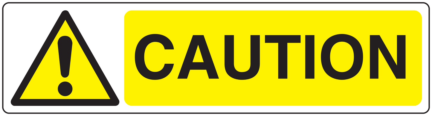 Caution warning sticker with yellow sign, black “CAUTION” text, and triangle exclamation