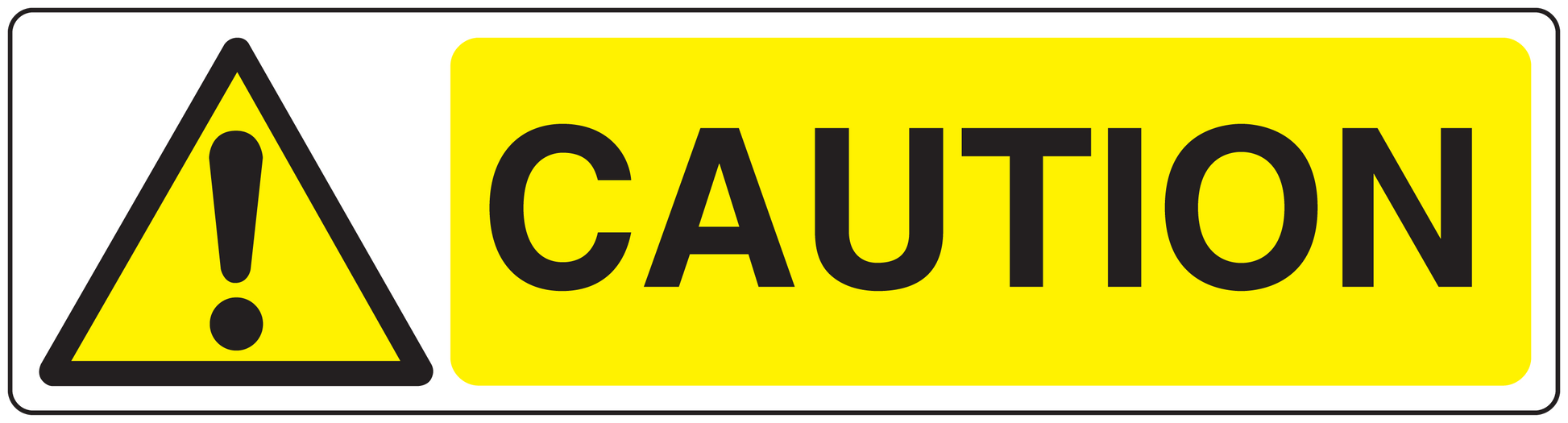 Caution warning sticker with yellow sign, black “CAUTION” text, and triangle exclamation