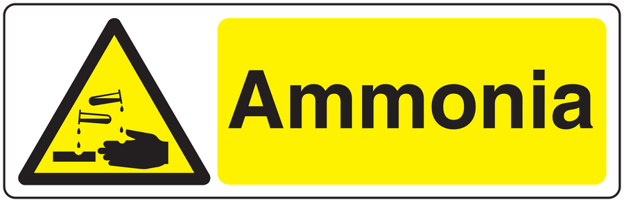 Caution ammonia warning sticker with hazard triangle and yellow label reading 'Ammonia'.