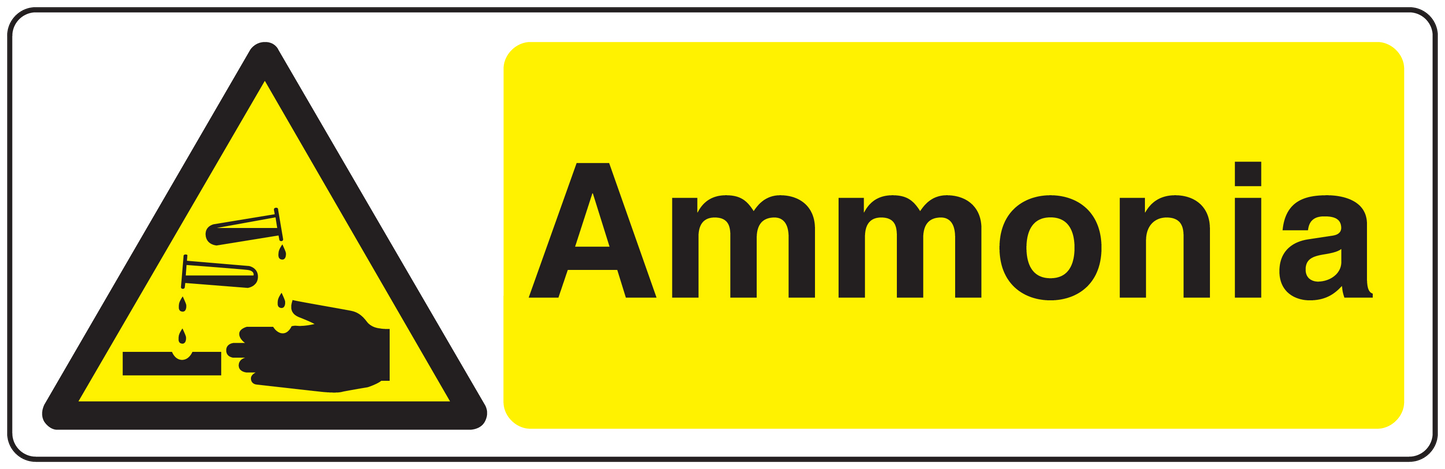 Caution ammonia warning sticker with hazard triangle and yellow label reading 'Ammonia'.