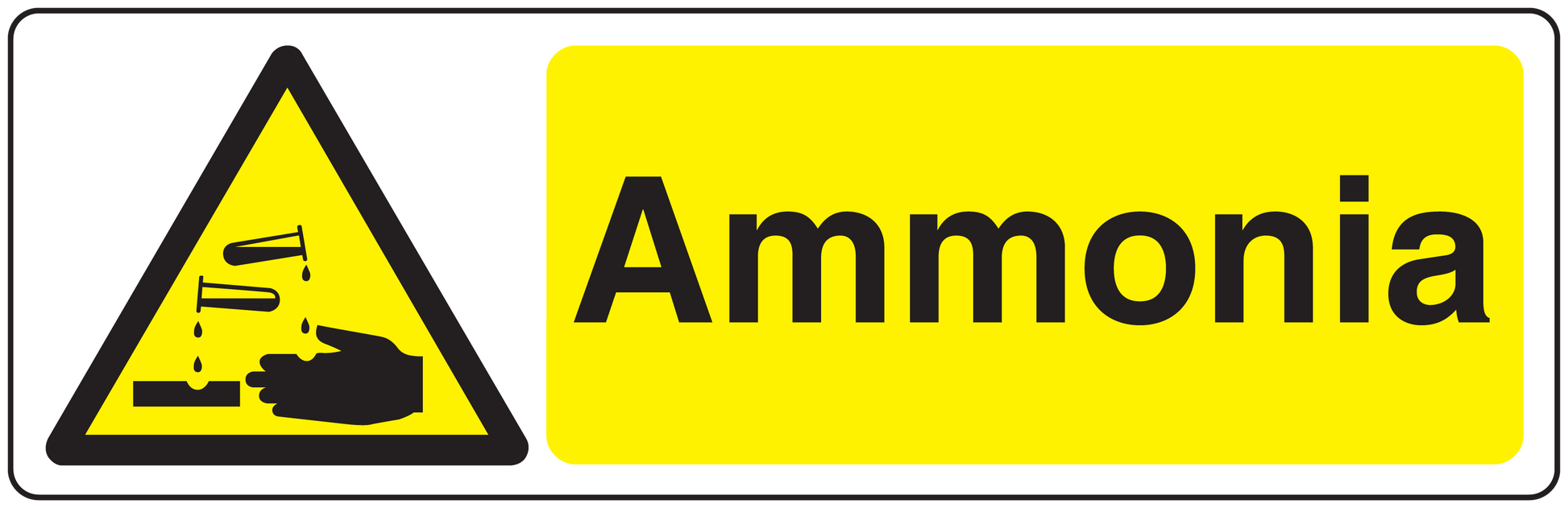 Caution ammonia warning sticker with hazard triangle and yellow label reading 'Ammonia'.
