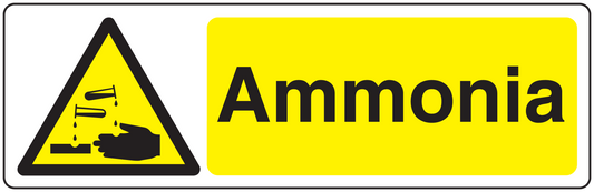 Caution ammonia warning sticker with hazard triangle and yellow label reading 'Ammonia'.