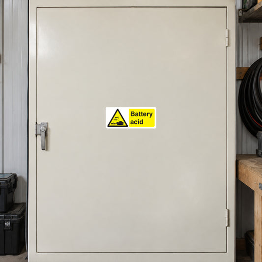 Battery acid caution sticker with yellow warning triangle and red "Battery acid" label