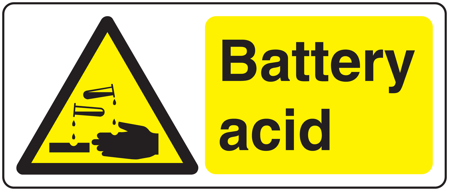 Battery acid caution sticker with yellow label and black hazard triangle