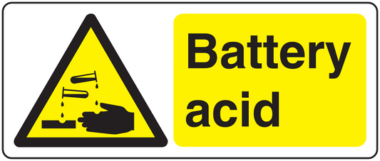 Battery acid caution sticker with yellow label and black hazard triangle