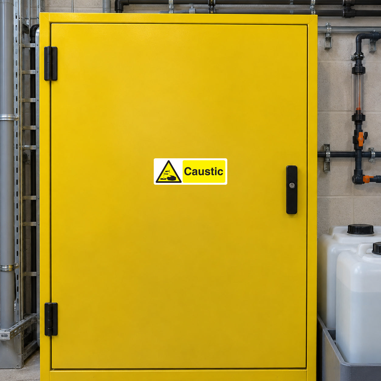 Caustic warning sticker on a chemical storage cabinet