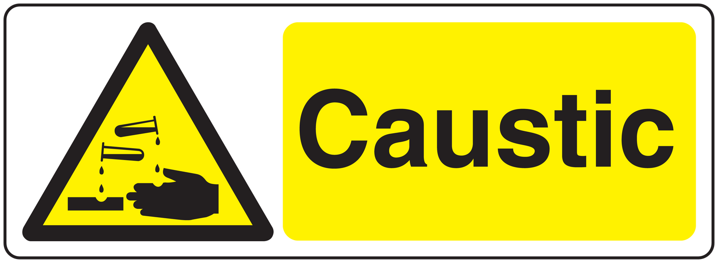 Yellow caustic warning sticker with black hazard triangle and 'Caustic' text