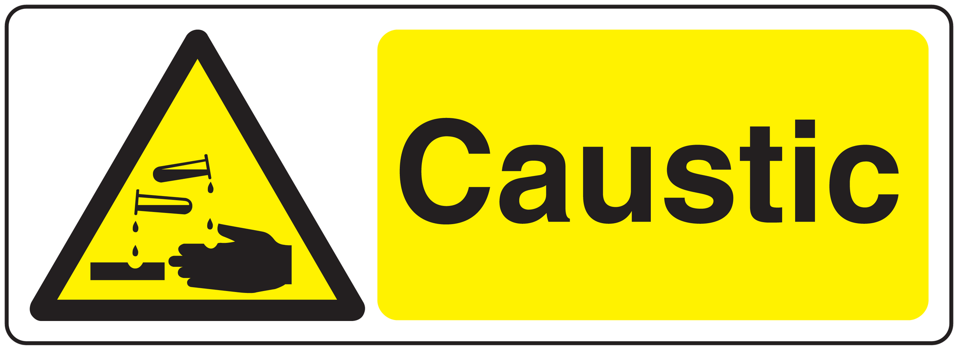 Yellow caustic warning sticker with black hazard triangle and 'Caustic' text