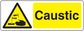 Yellow caustic warning sticker with black hazard triangle and 'Caustic' text