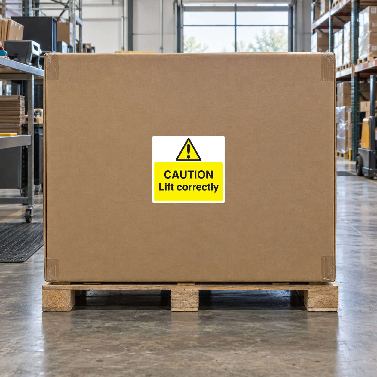 Caution Lift Correctly sticker on a cardboard shipping box
