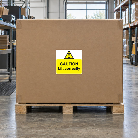 Caution Lift Correctly sticker on a cardboard shipping box