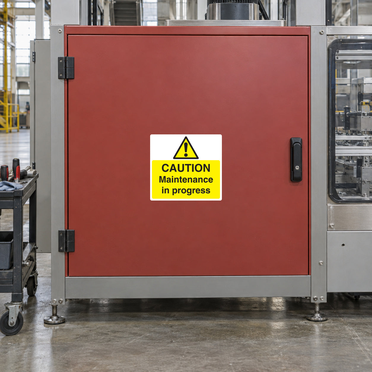 Caution maintenance in progress sticker with yellow warning label and icon