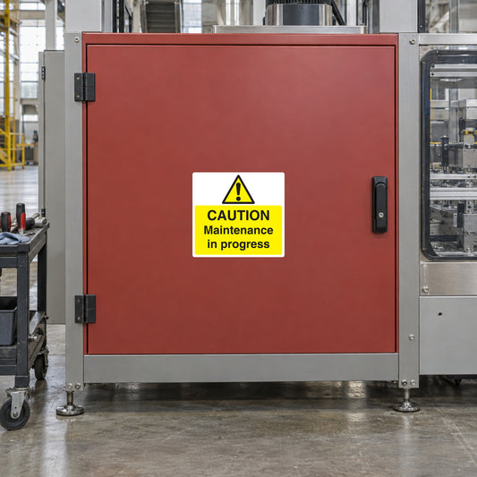 Caution maintenance in progress sticker with yellow warning label and icon
