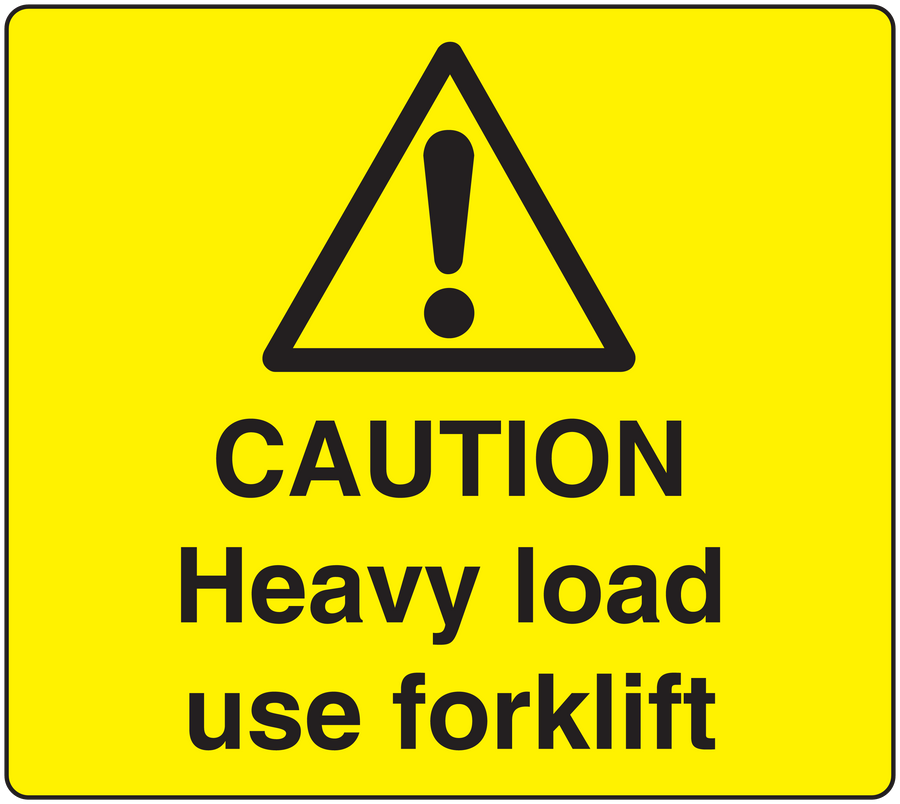 Yellow forklift caution sticker with warning triangle and CAUTION Heavy load use forklift