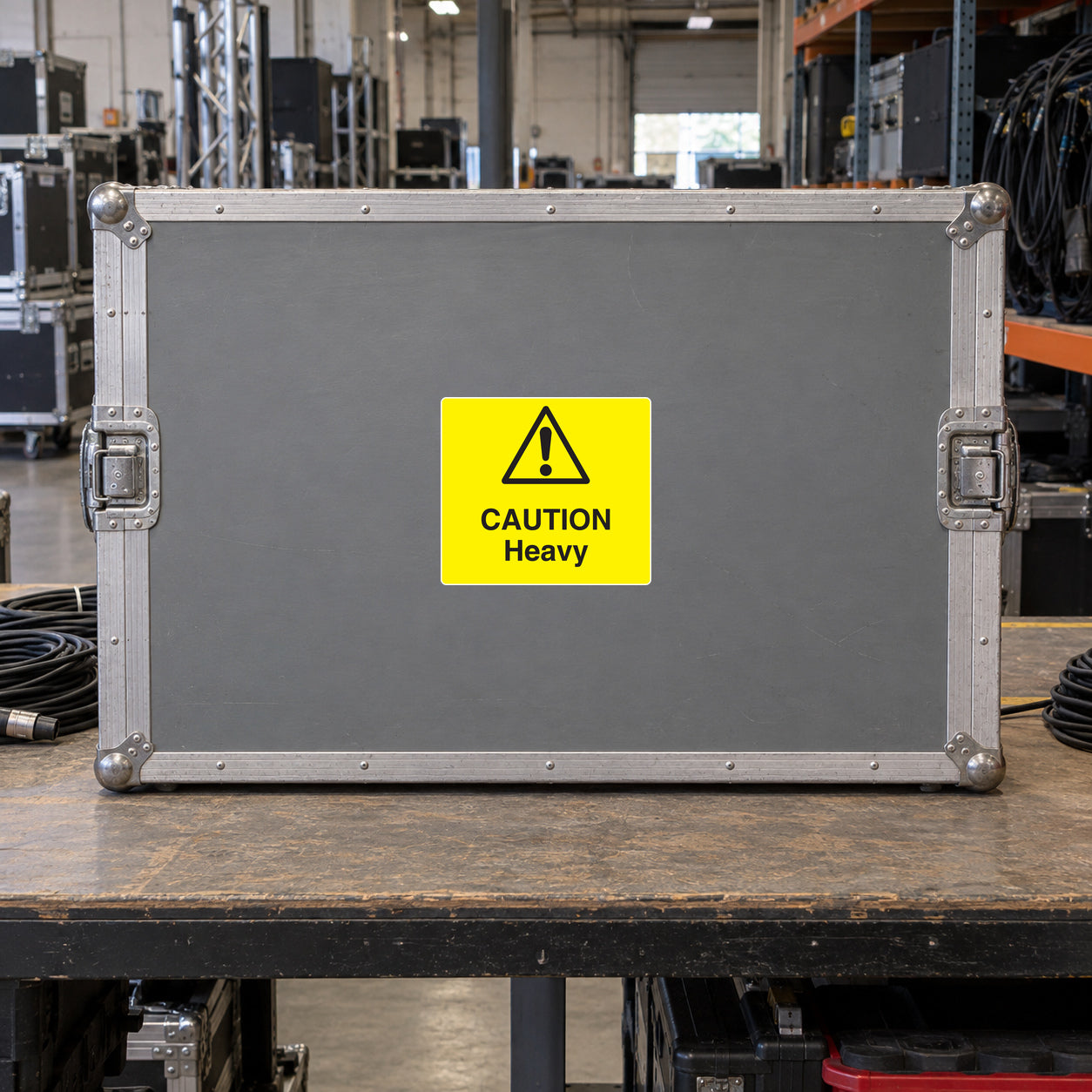 Caution Heavy Sticker applied in Closed broad gray steel freight transport case on a packing bench in a concert equipment warehouse, wide flat central face, latches at extreme edges only, peripheral coiled cable and shelving.
