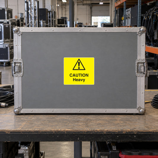 Yellow 'CAUTION Heavy' caution sticker on gray metal case