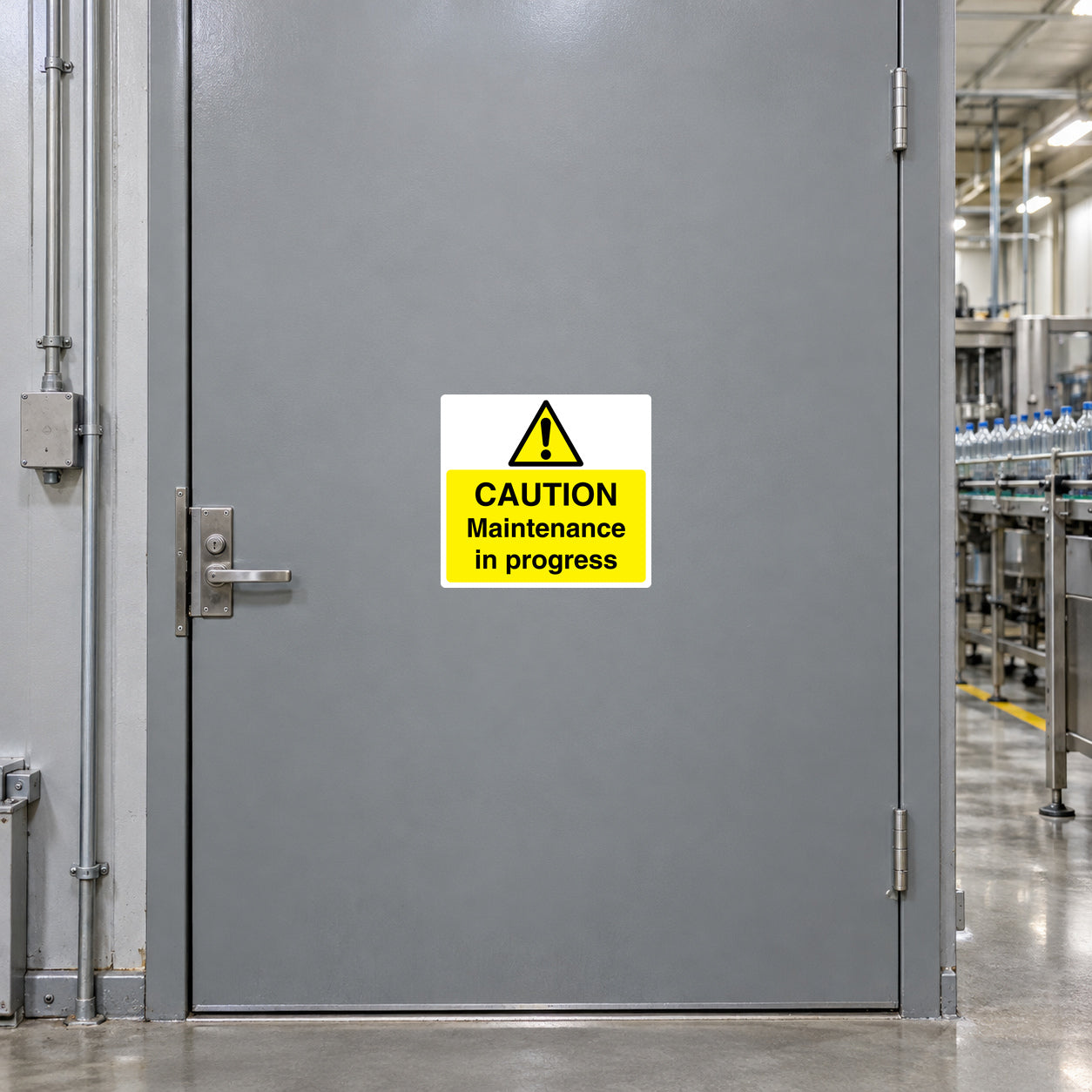 Caution Maintenance in Progress warning sticker with yellow background and hazard triangle