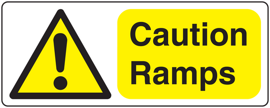 Caution ramps warning sticker with yellow background, black text, and black warning triangle icon