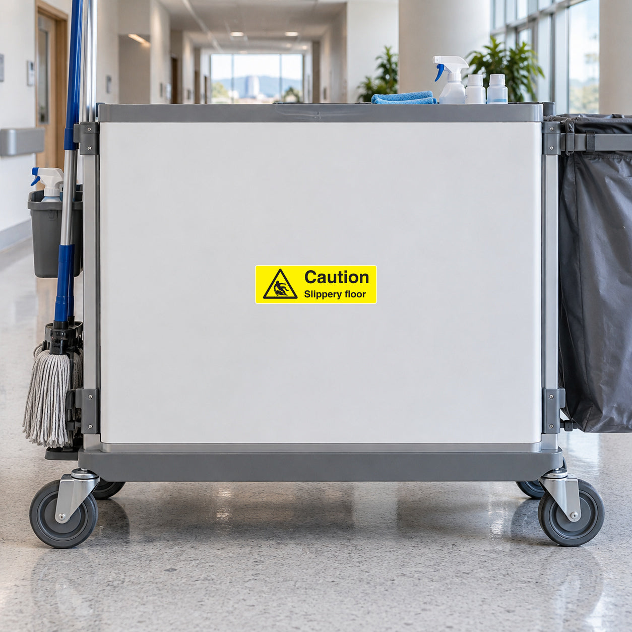 Yellow caution “Slippery floor” warning sticker with triangle icon