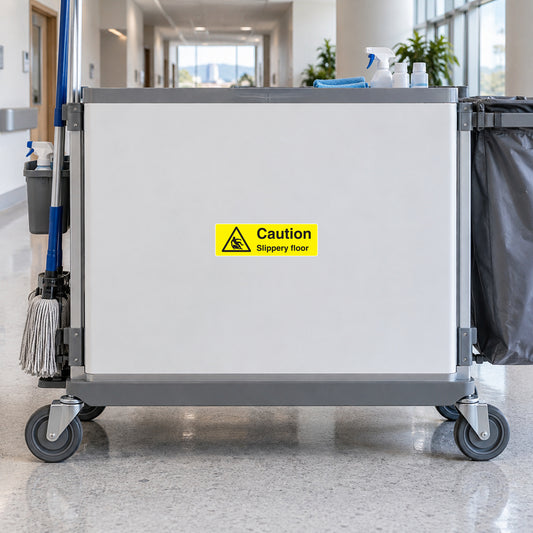 Yellow caution “Slippery floor” warning sticker with triangle icon